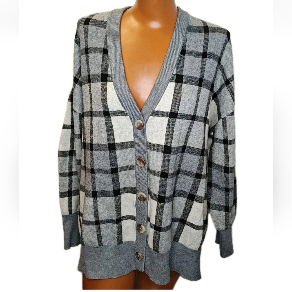 Rachel Zoe Varsity Cardigan Plus Sz 4X 5X Windowpane Plaid V-Neck Button Preppy